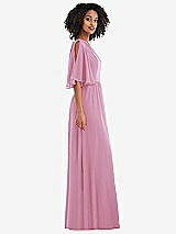 Side View Thumbnail - Powder Pink One-Shoulder Bell Sleeve Chiffon Maxi Dress
