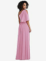 Rear View Thumbnail - Powder Pink One-Shoulder Bell Sleeve Chiffon Maxi Dress