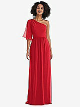 Front View Thumbnail - Parisian Red One-Shoulder Bell Sleeve Chiffon Maxi Dress