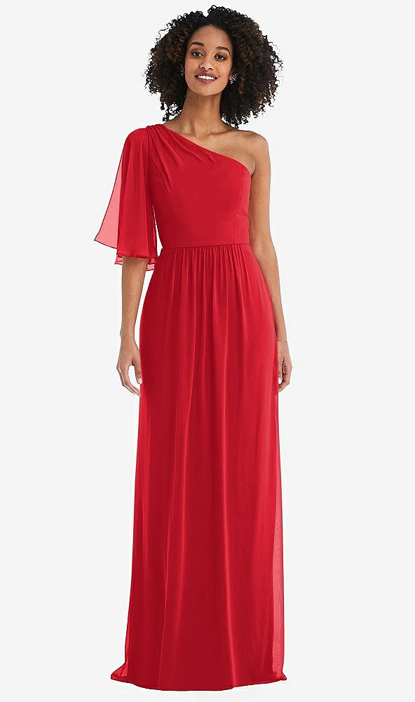 Front View - Parisian Red One-Shoulder Bell Sleeve Chiffon Maxi Dress