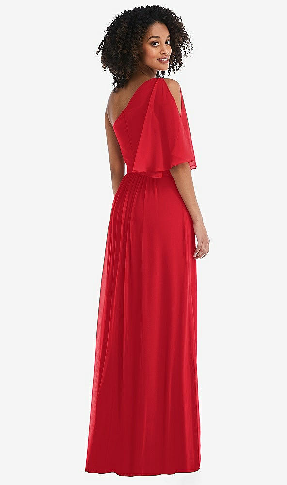 Back View - Parisian Red One-Shoulder Bell Sleeve Chiffon Maxi Dress