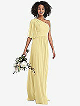 Alt View 1 Thumbnail - Pale Yellow One-Shoulder Bell Sleeve Chiffon Maxi Dress