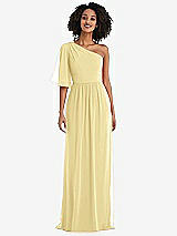 Front View Thumbnail - Pale Yellow One-Shoulder Bell Sleeve Chiffon Maxi Dress