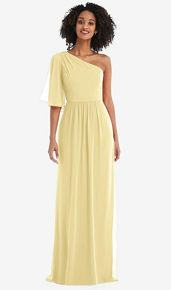 Front View - Pale Yellow One-Shoulder Bell Sleeve Chiffon Maxi Dress