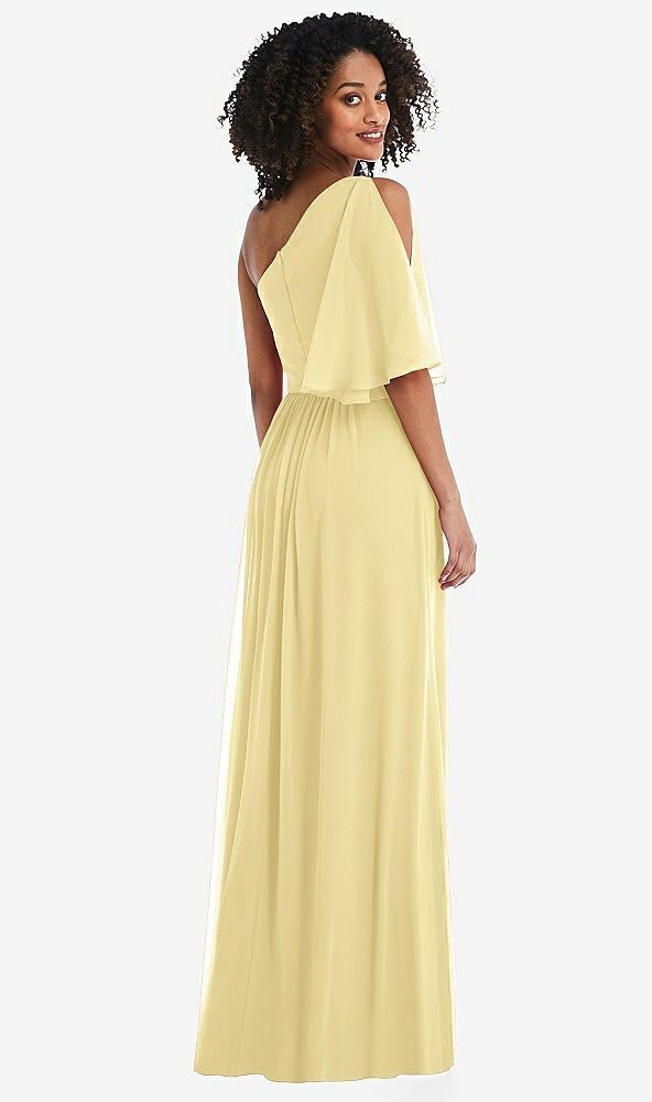 Back View - Pale Yellow One-Shoulder Bell Sleeve Chiffon Maxi Dress