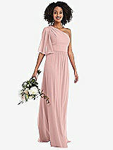 Alt View 1 Thumbnail - Rose - PANTONE Rose Quartz One-Shoulder Bell Sleeve Chiffon Maxi Dress