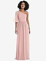 Front View Thumbnail - Rose - PANTONE Rose Quartz One-Shoulder Bell Sleeve Chiffon Maxi Dress
