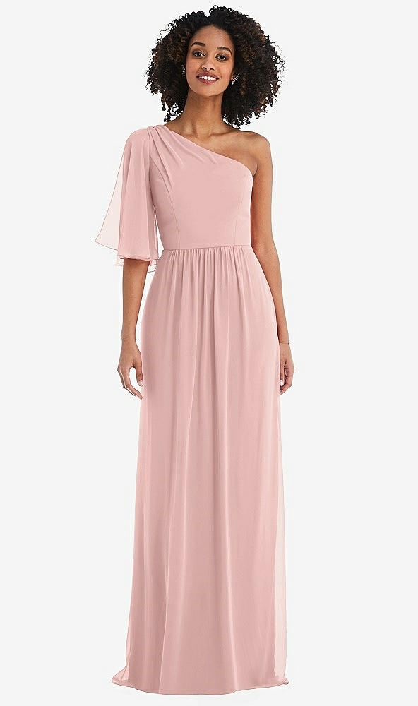 Front View - Rose - PANTONE Rose Quartz One-Shoulder Bell Sleeve Chiffon Maxi Dress