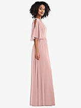 Side View Thumbnail - Rose - PANTONE Rose Quartz One-Shoulder Bell Sleeve Chiffon Maxi Dress