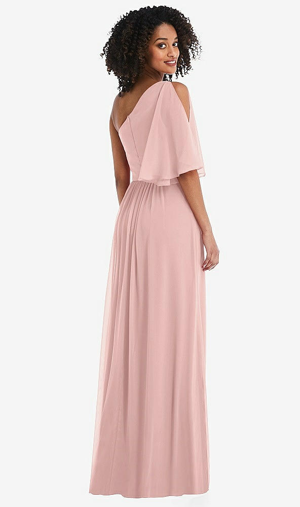 Back View - Rose - PANTONE Rose Quartz One-Shoulder Bell Sleeve Chiffon Maxi Dress
