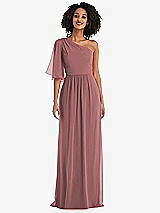 Front View Thumbnail - Rosewood One-Shoulder Bell Sleeve Chiffon Maxi Dress
