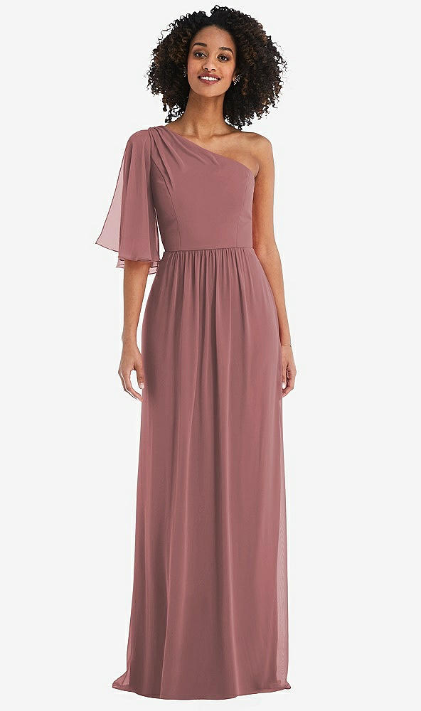 Front View - Rosewood One-Shoulder Bell Sleeve Chiffon Maxi Dress