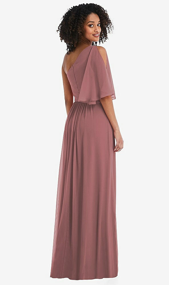 Back View - Rosewood One-Shoulder Bell Sleeve Chiffon Maxi Dress