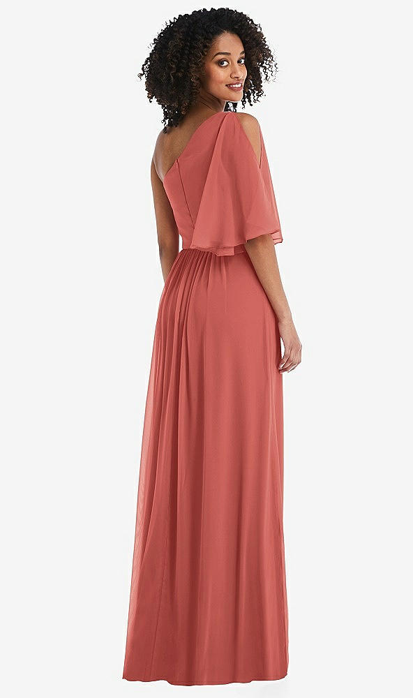Back View - Coral Pink One-Shoulder Bell Sleeve Chiffon Maxi Dress