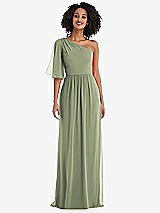 Front View Thumbnail - Sage One-Shoulder Bell Sleeve Chiffon Maxi Dress