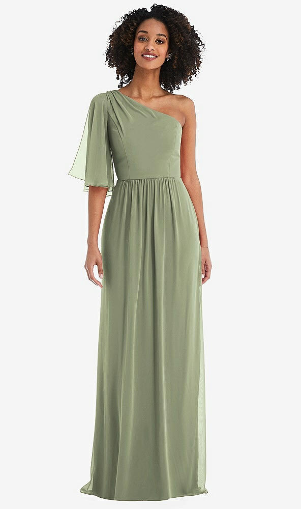 Front View - Sage One-Shoulder Bell Sleeve Chiffon Maxi Dress