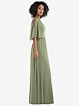 Side View Thumbnail - Sage One-Shoulder Bell Sleeve Chiffon Maxi Dress