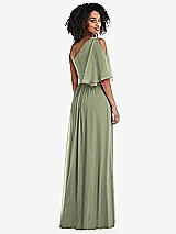 Rear View Thumbnail - Sage One-Shoulder Bell Sleeve Chiffon Maxi Dress