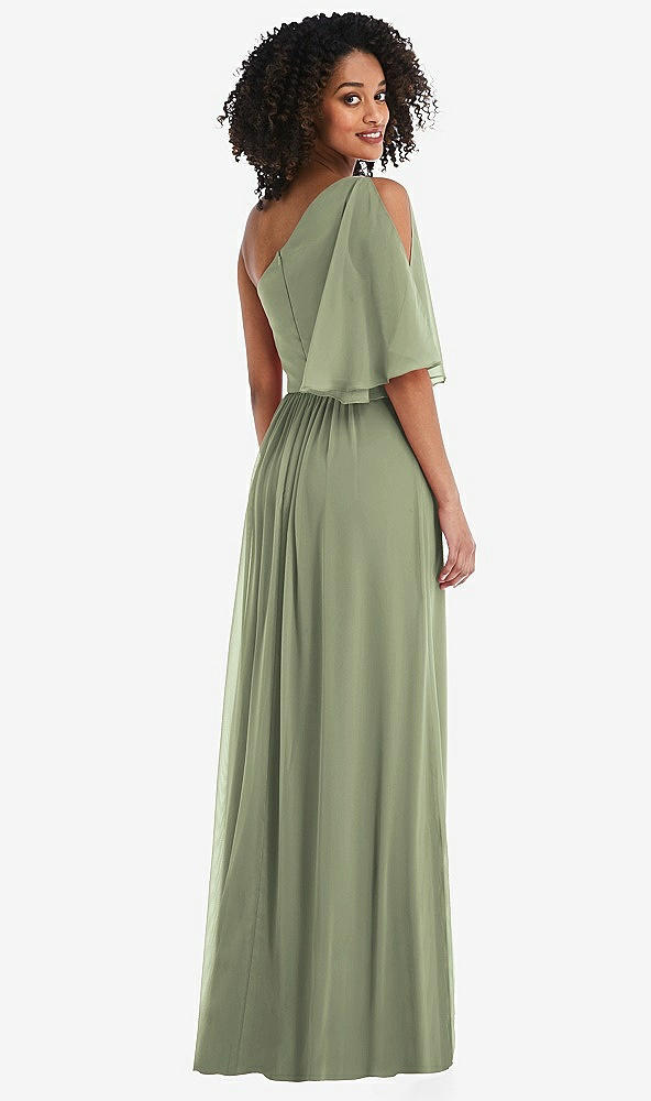 Back View - Sage One-Shoulder Bell Sleeve Chiffon Maxi Dress