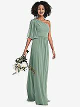 Alt View 1 Thumbnail - Seagrass One-Shoulder Bell Sleeve Chiffon Maxi Dress
