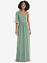 Front View Thumbnail - Seagrass One-Shoulder Bell Sleeve Chiffon Maxi Dress