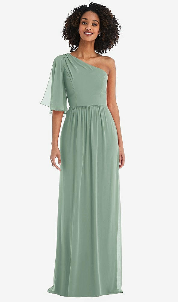 Front View - Seagrass One-Shoulder Bell Sleeve Chiffon Maxi Dress