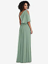 Rear View Thumbnail - Seagrass One-Shoulder Bell Sleeve Chiffon Maxi Dress