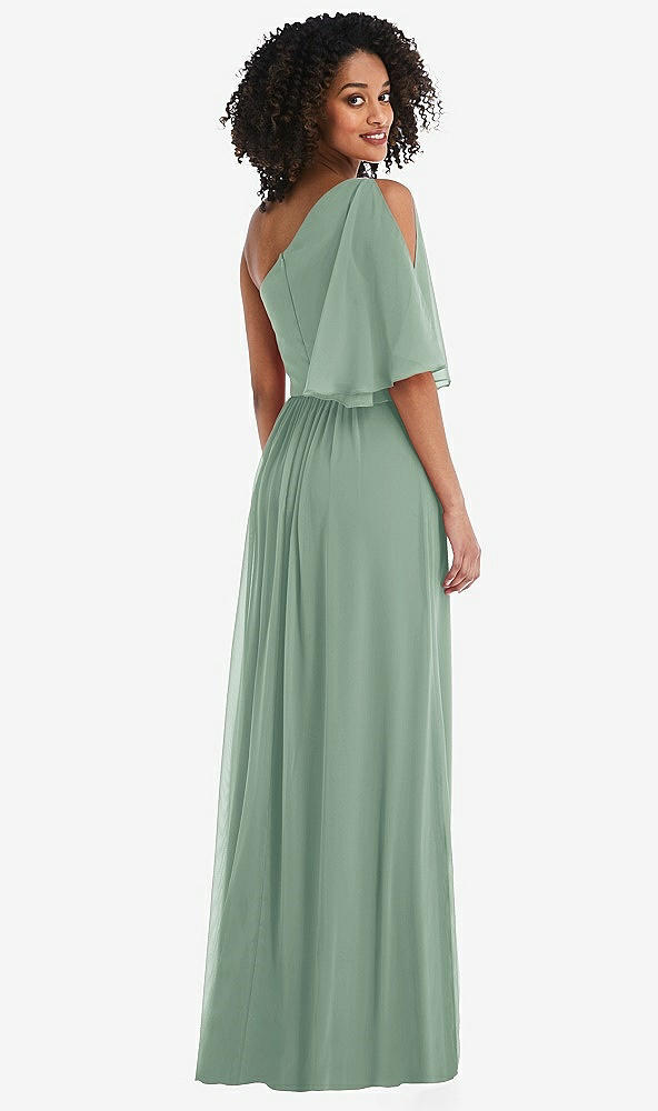 Back View - Seagrass One-Shoulder Bell Sleeve Chiffon Maxi Dress
