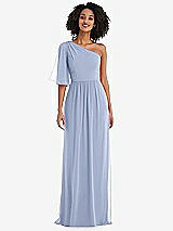 Front View Thumbnail - Sky Blue One-Shoulder Bell Sleeve Chiffon Maxi Dress