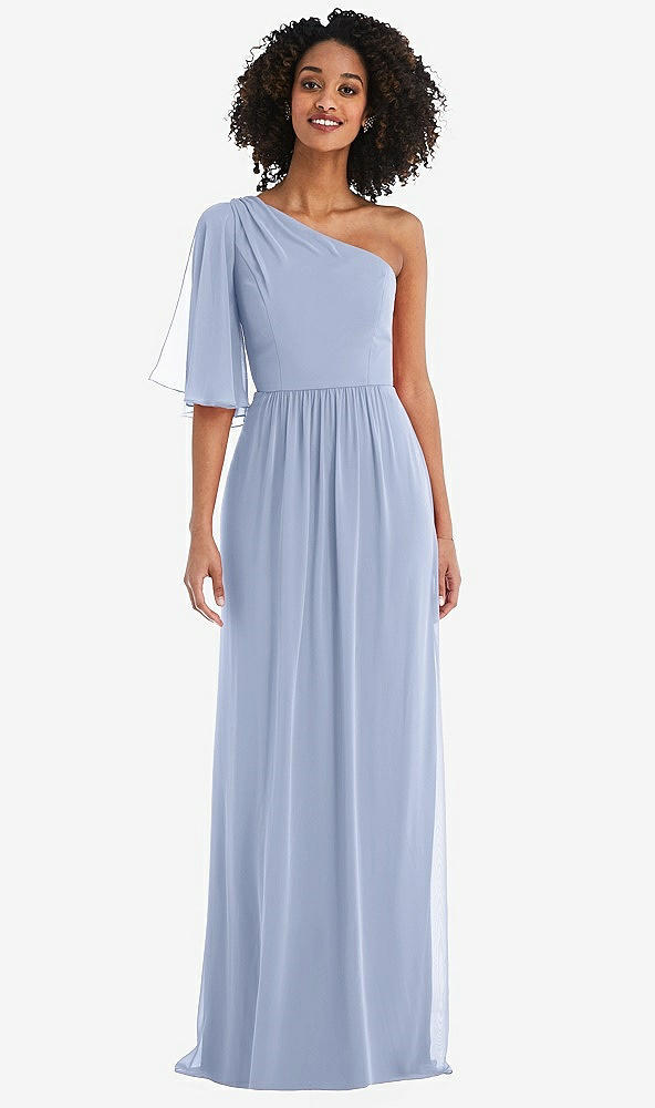 Front View - Sky Blue One-Shoulder Bell Sleeve Chiffon Maxi Dress