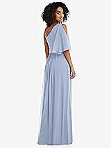 Rear View Thumbnail - Sky Blue One-Shoulder Bell Sleeve Chiffon Maxi Dress
