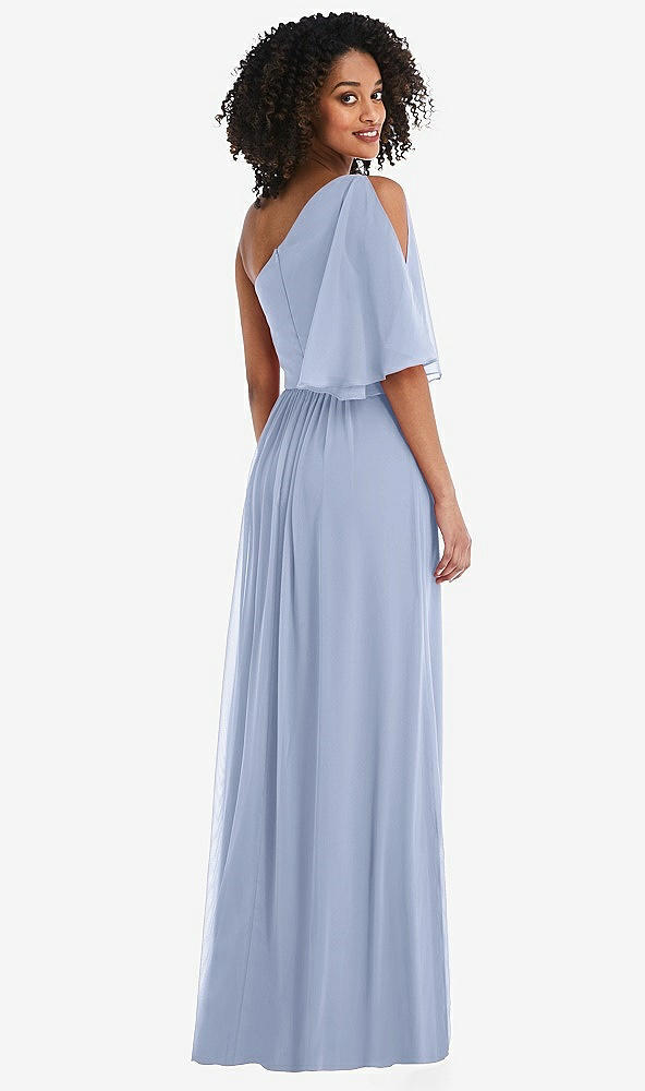 Back View - Sky Blue One-Shoulder Bell Sleeve Chiffon Maxi Dress