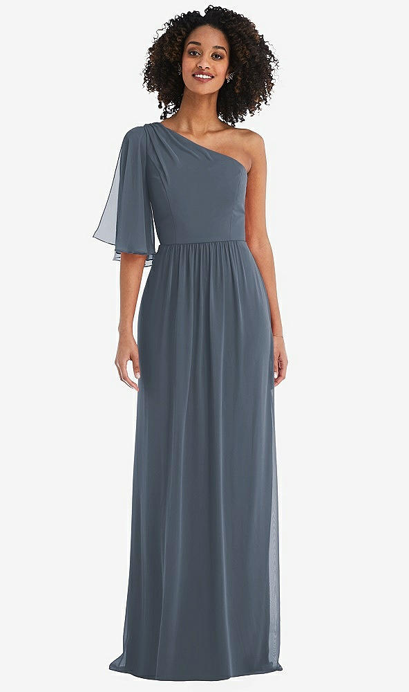 Front View - Silverstone One-Shoulder Bell Sleeve Chiffon Maxi Dress