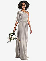Alt View 1 Thumbnail - Taupe One-Shoulder Bell Sleeve Chiffon Maxi Dress