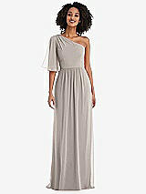 Front View Thumbnail - Taupe One-Shoulder Bell Sleeve Chiffon Maxi Dress