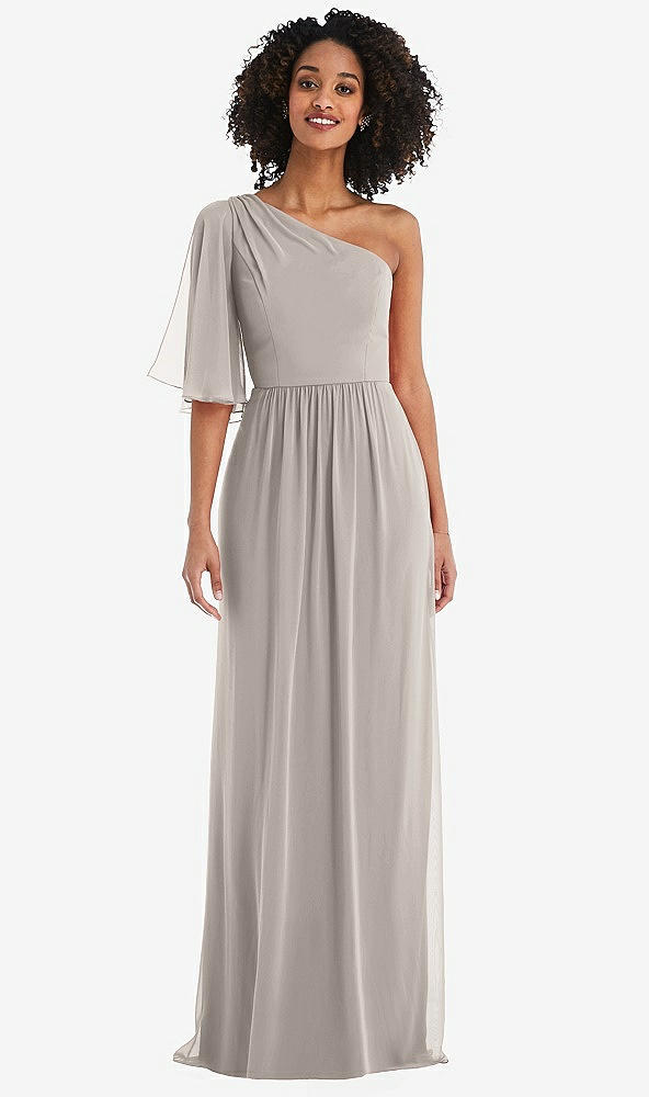 Front View - Taupe One-Shoulder Bell Sleeve Chiffon Maxi Dress