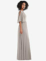 Side View Thumbnail - Taupe One-Shoulder Bell Sleeve Chiffon Maxi Dress