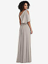 Rear View Thumbnail - Taupe One-Shoulder Bell Sleeve Chiffon Maxi Dress