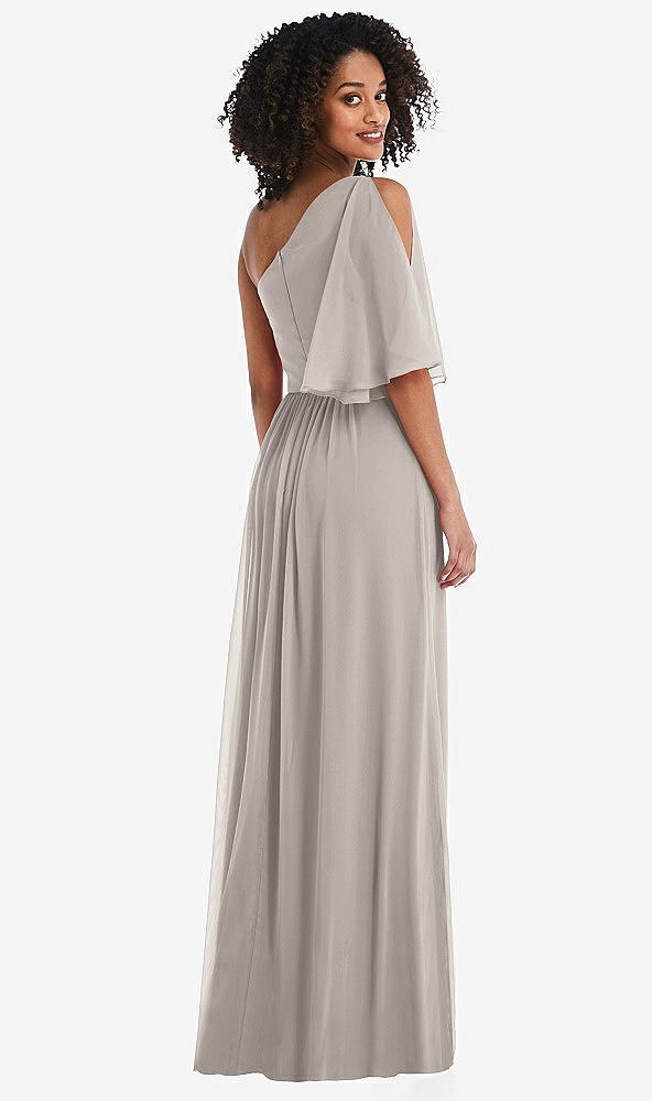 Back View - Taupe One-Shoulder Bell Sleeve Chiffon Maxi Dress