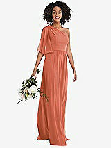 Alt View 1 Thumbnail - Terracotta Copper One-Shoulder Bell Sleeve Chiffon Maxi Dress
