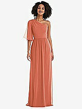 Front View Thumbnail - Terracotta Copper One-Shoulder Bell Sleeve Chiffon Maxi Dress