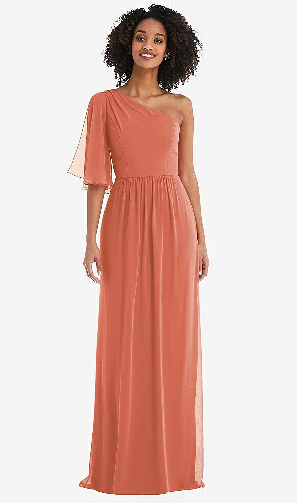 Front View - Terracotta Copper One-Shoulder Bell Sleeve Chiffon Maxi Dress
