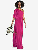 Alt View 1 Thumbnail - Think Pink One-Shoulder Bell Sleeve Chiffon Maxi Dress
