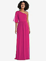 Front View Thumbnail - Think Pink One-Shoulder Bell Sleeve Chiffon Maxi Dress