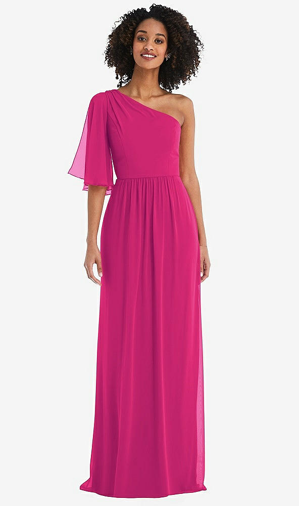 Front View - Think Pink One-Shoulder Bell Sleeve Chiffon Maxi Dress