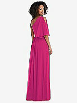 Rear View Thumbnail - Think Pink One-Shoulder Bell Sleeve Chiffon Maxi Dress