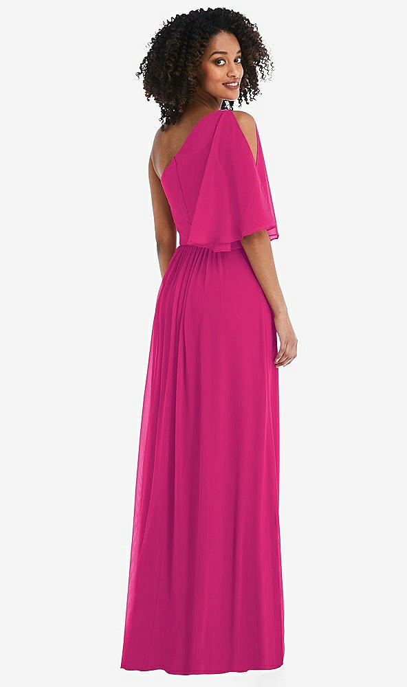 Back View - Think Pink One-Shoulder Bell Sleeve Chiffon Maxi Dress