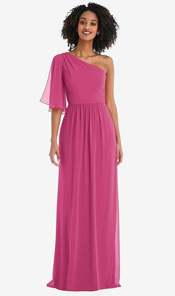 Front View - Tea Rose One-Shoulder Bell Sleeve Chiffon Maxi Dress