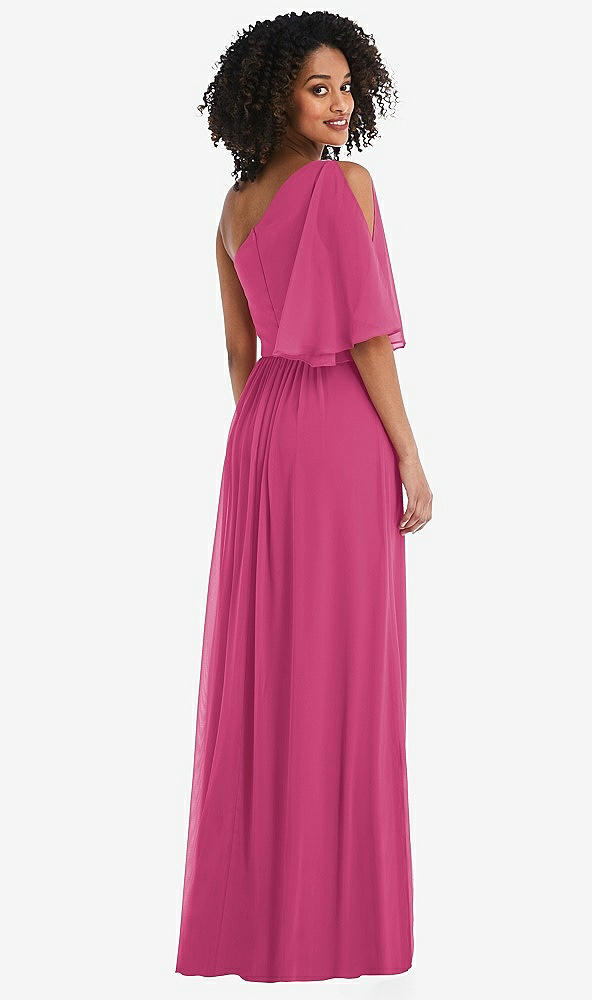 Back View - Tea Rose One-Shoulder Bell Sleeve Chiffon Maxi Dress
