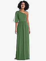 Front View Thumbnail - Vineyard Green One-Shoulder Bell Sleeve Chiffon Maxi Dress